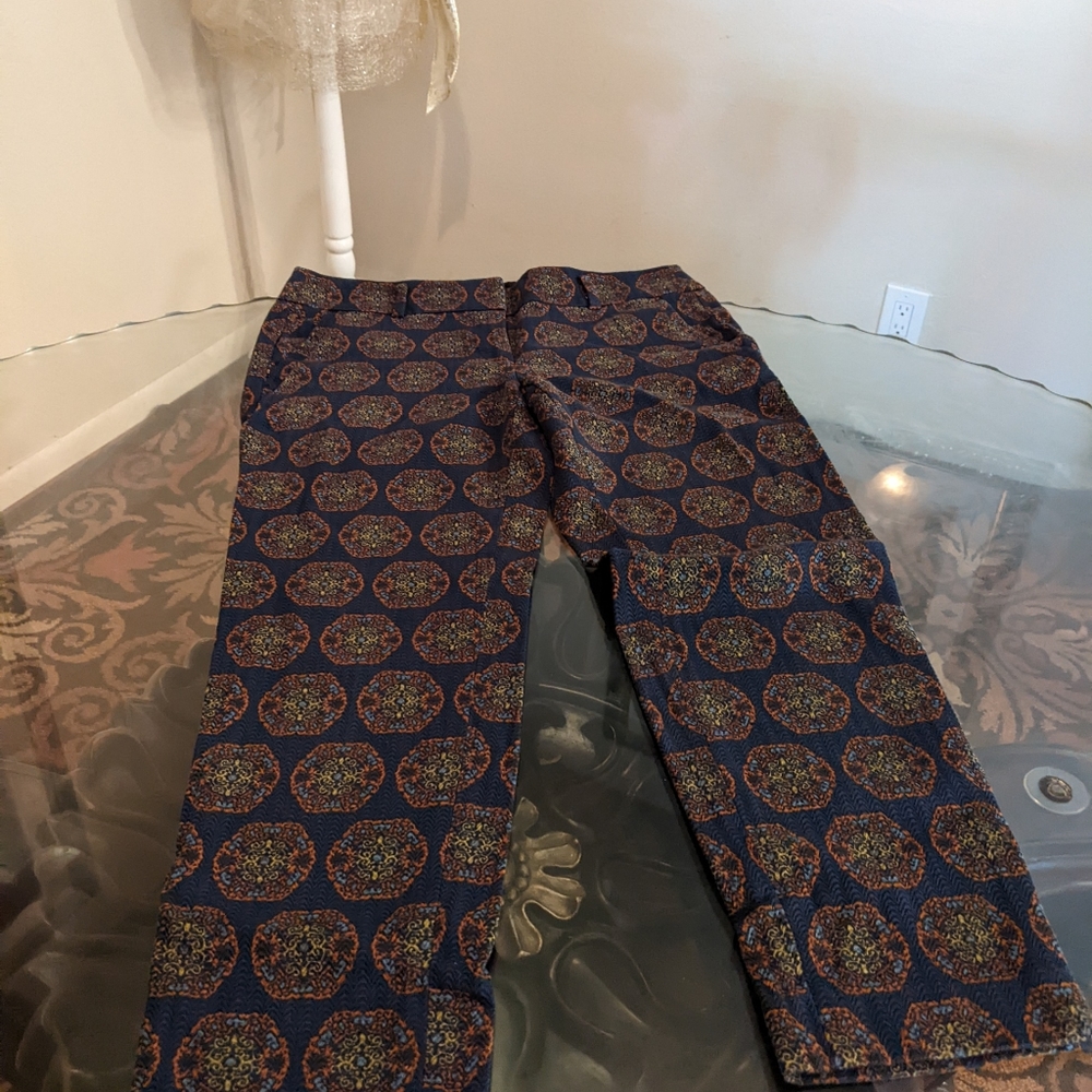 Loft Womens Julie Fit Ankle Dress Pants Navy Blue Geometric Print